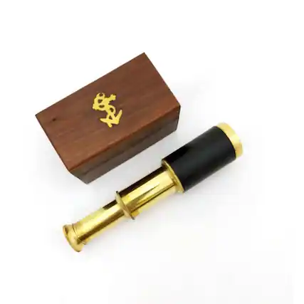 Front. Manhattan Lane - Small Brass Telescope with Pullout Wooden Box - Gold and Brown.