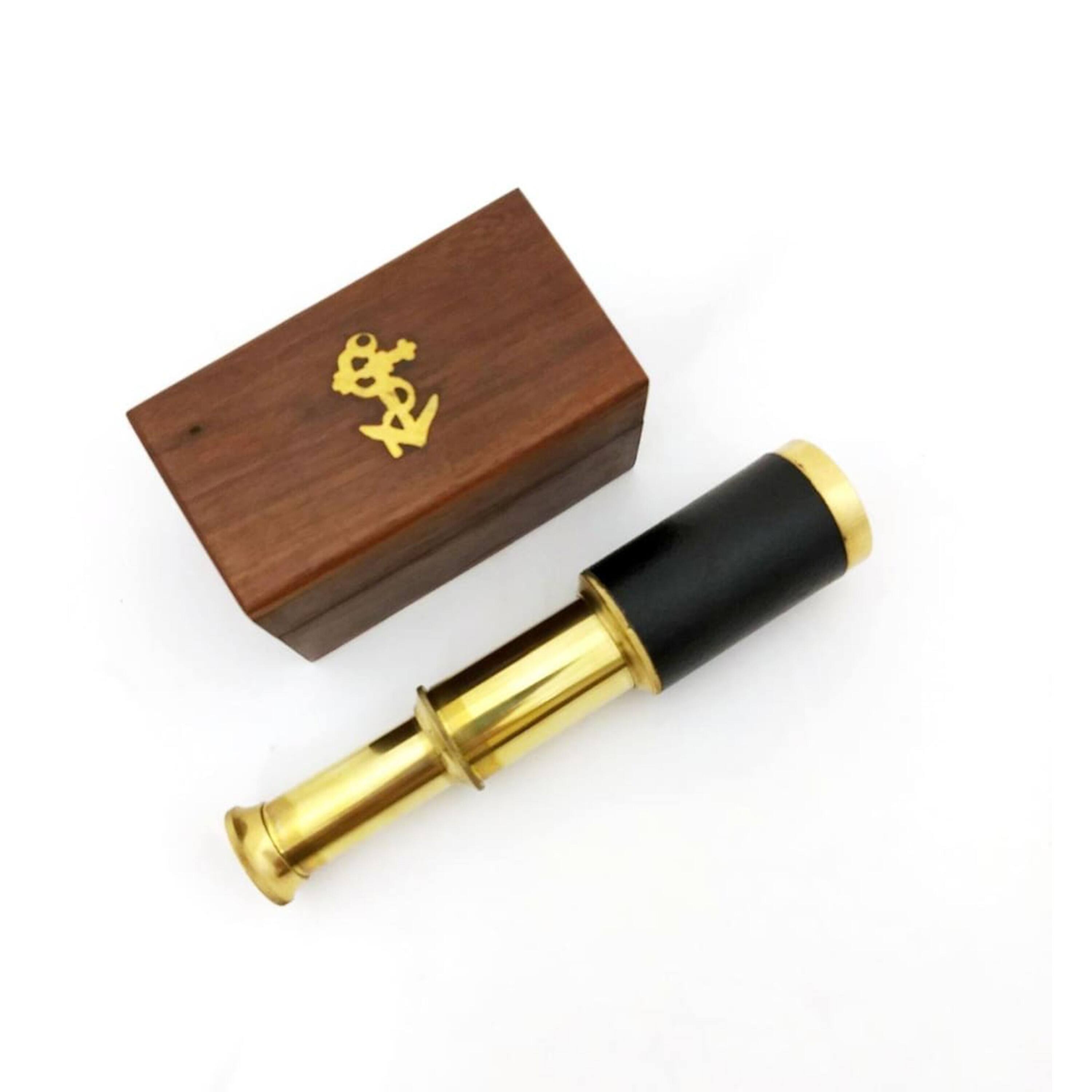 Manhattan Lane - Small Brass Telescope with Pullout Wooden Box - Gold and Brown