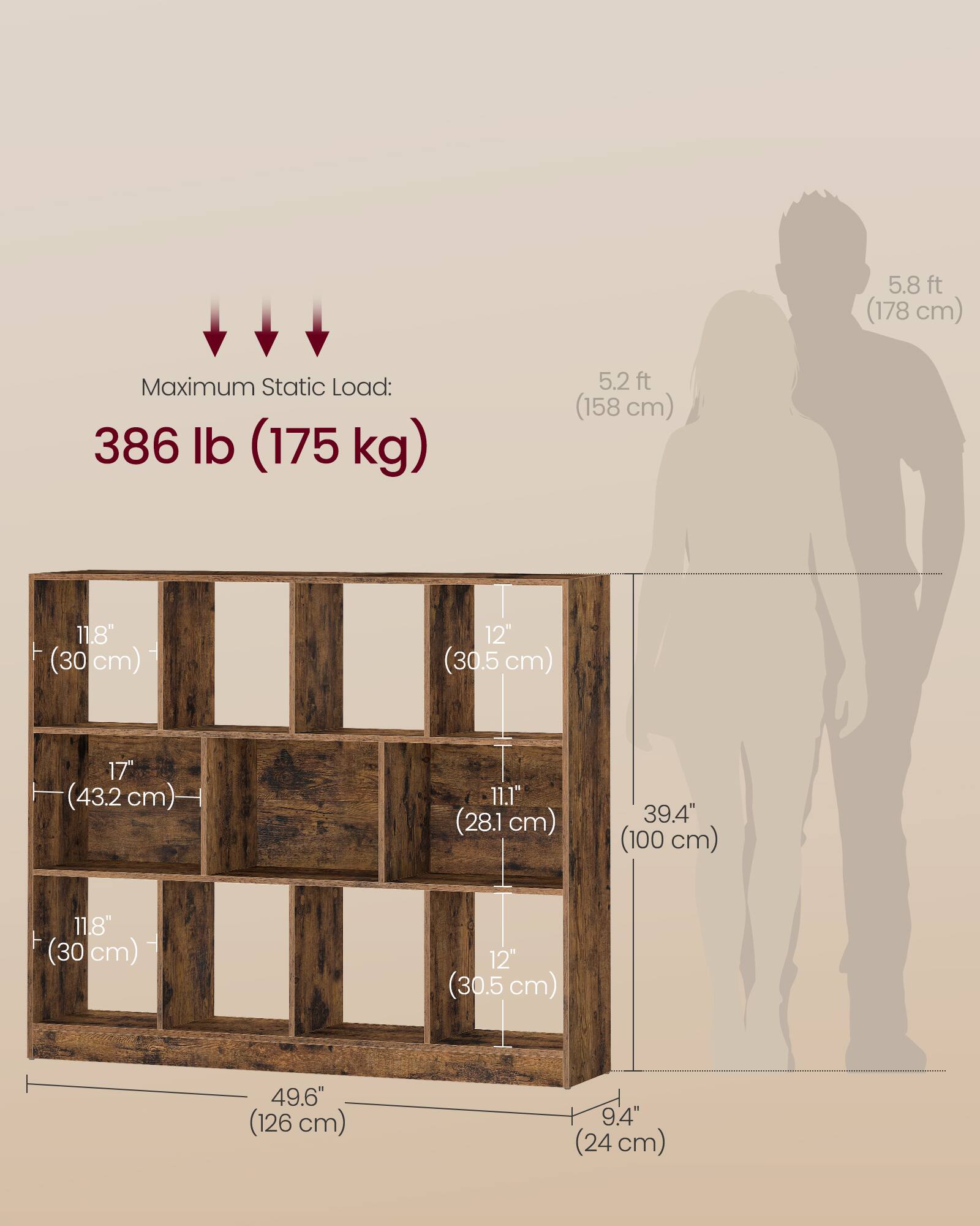 5.8 ft (178 cm)  
5.2 ft (158 cm)  

Maximum Static Load: 386 lb (175 kg)  

11.8" (30 cm)  
12" (30.5 cm)  
17" (43.2 cm)  
11.1" (28.1 cm)  
39.4" (100 cm)  
11.8" (30 cm)  
12" (30.5 cm)  
49.6" (126 cm)  
9.4" (24 cm)