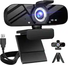 Front. Core Tech - 4K UHD Webcam with Microphone, Tripod & Privacy Cover for PC/Laptop, Wide-Angle USB Camera for Streaming & Video Calls - Black.