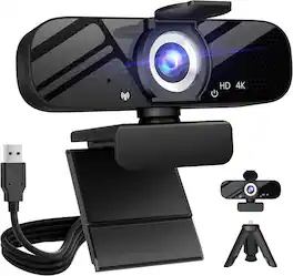 Core Tech - 4K UHD Webcam with Microphone, Tripod & Privacy Cover for PC/Laptop, Wide-Angle USB Camera for Streaming & Video Calls - Black