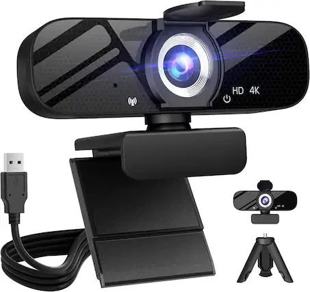 Front. Core Tech - 4K UHD Webcam with Microphone, Tripod & Privacy Cover for PC/Laptop, Wide-Angle USB Camera for Streaming & Video Calls - Black.