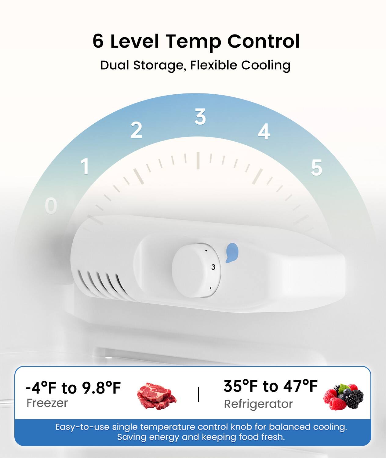 6 Level Temp Control Dual Storage, Flexible Cooling

-4F to 9.8F Freezer
35F to 47F Refrigerator

Easy-to-use single temperature control knob for balanced cooling. Saving energy and keeping food fresh.