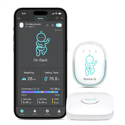 9:41
Aaron
Pro Baby Monitor
95%
06-25
On Back
1 day ago
Breathing 28/min
Feeling Temp 76.8°F
Current sleep Beta 7
12 h 28 min
7:32 pm - 8:30 am
Deep sleep 6h 07 min
Light sleep 6h 21 min
Awake 2 times
Sense-U Devices
Activity
Discover Me