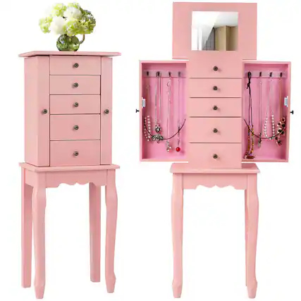 Front. Costway - Costway Jewelry Cabinet with Mirror Armoire Storage Chest Stand Organizer Christmas - Pink.