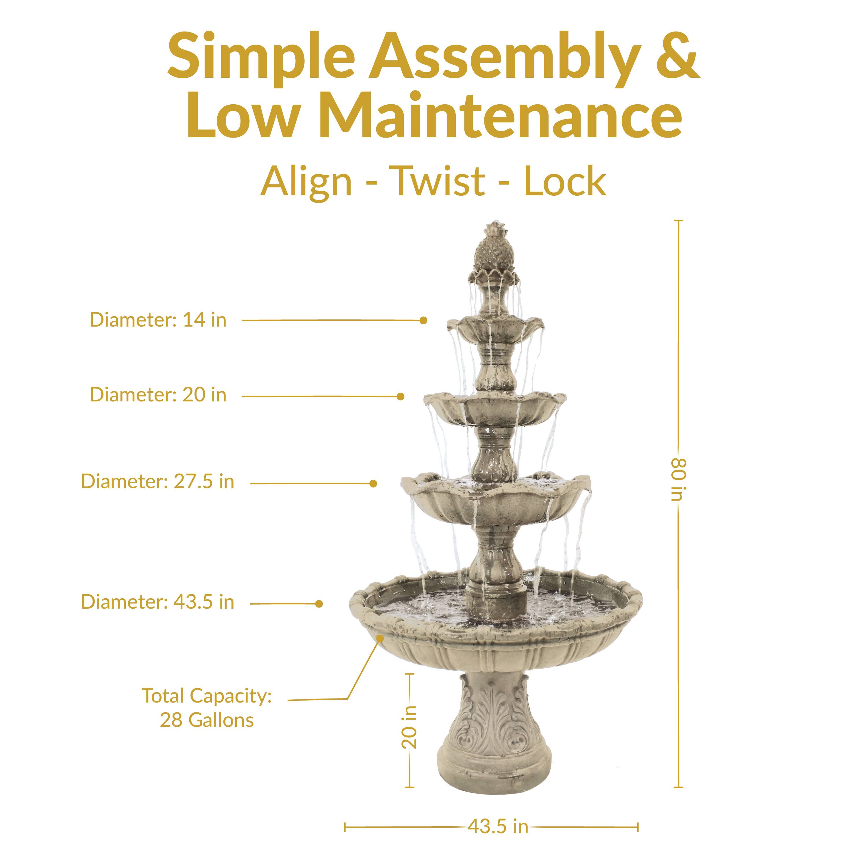 Simple Assembly & Low Maintenance  
Align - Twist - Lock  

Diameter: 14 in  
Diameter: 20 in  
Diameter: 27.5 in  
Diameter: 43.5 in  

Total Capacity: 28 Gallons  

Height: 80 in
