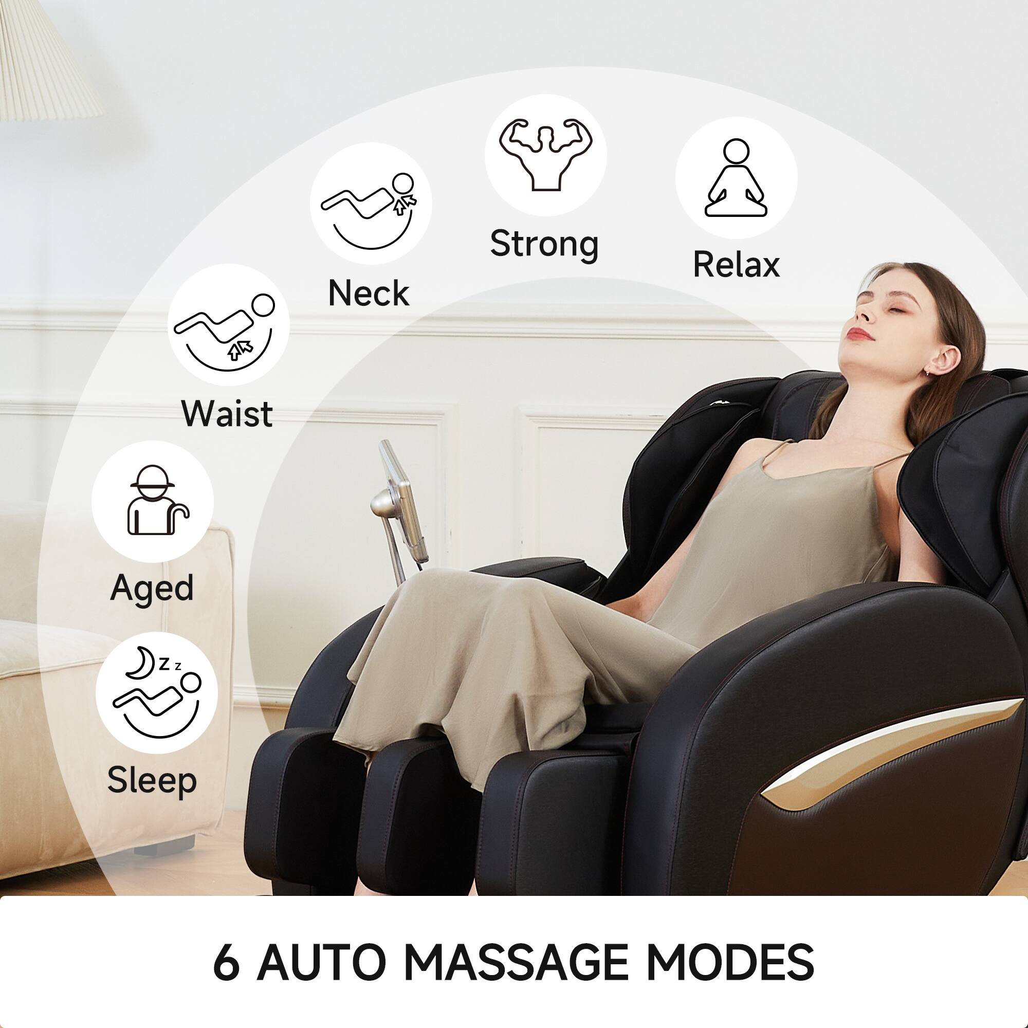 Sure, here is the corrected and grouped text:

- Neck
- Strong
- Relax
- Waist
- Aged
- Sleep

6 AUTO MASSAGE MODES