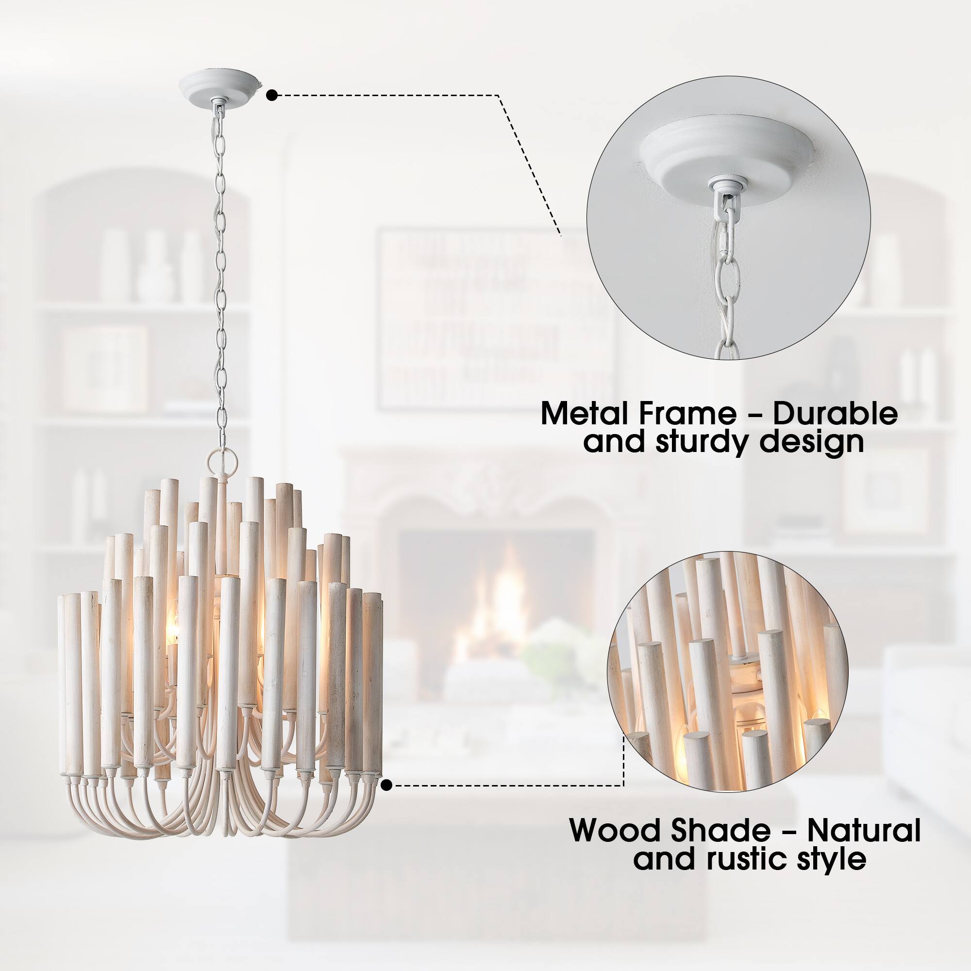 Metal Frame - Durable and sturdy design  
Wood Shade - Natural and rustic style