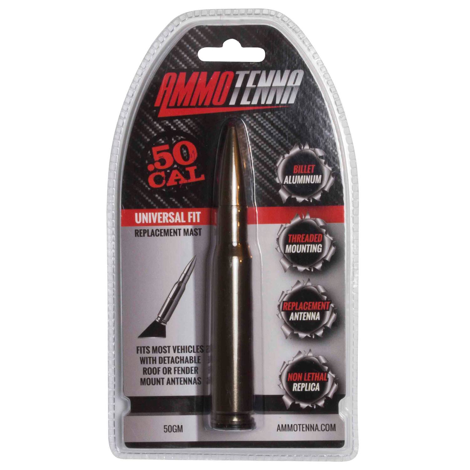 AMMOTENNA .50 CAL BILLET ALUMINUM UNIVERSAL FIT REPLACEMENT MAST THREADING MOUNTING REPLACEMENT ANTENNA FITS MOST VEHICLES WITH DETACHABLE ROOF OR FENDER MOUNT ANTENNAS NON LETHAL REPLICA 50GM AMMOTENNA.COM