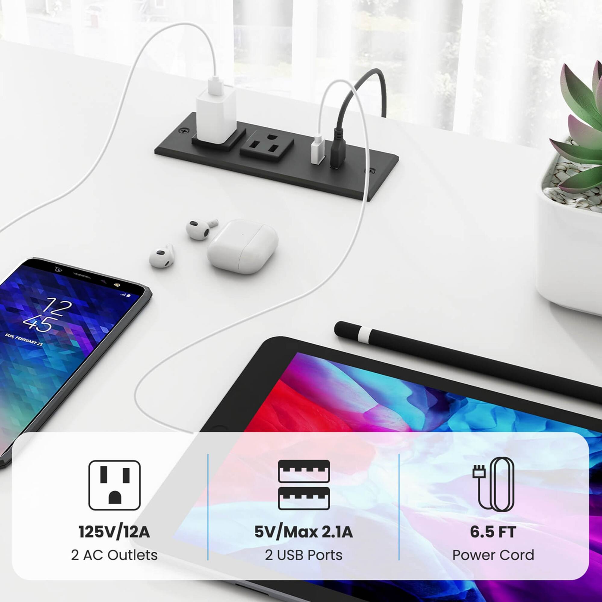 T 12 - 45 FEBRUARY
125V/12A 2 AC Outlets
5v/Max 2.1A 2 USB Ports
6.5 FT Power Cord