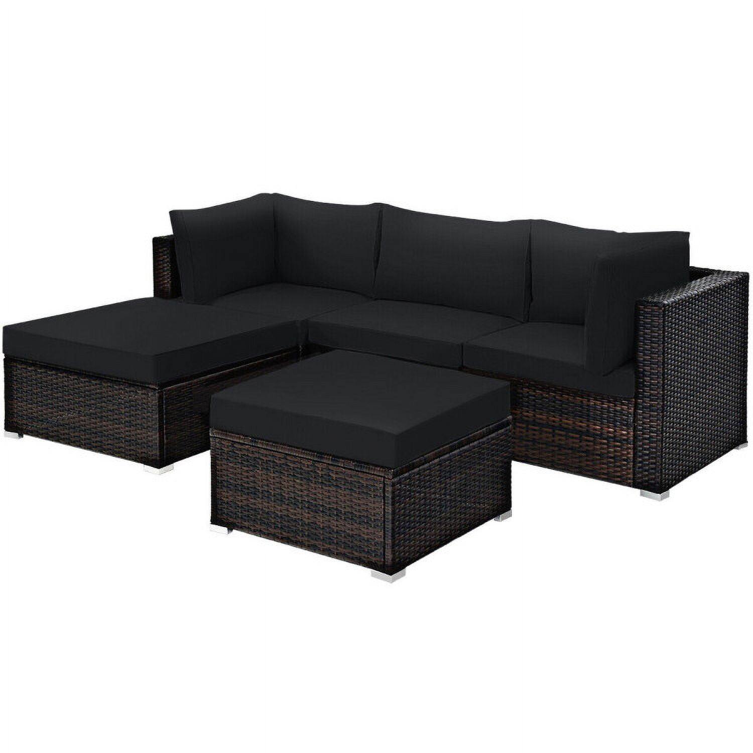 Back. Kadyn - 5 Pcs Patio Sectional Rattan Furniture Set with Ottoman Table-Black, Patio Seating Conversation - Black.