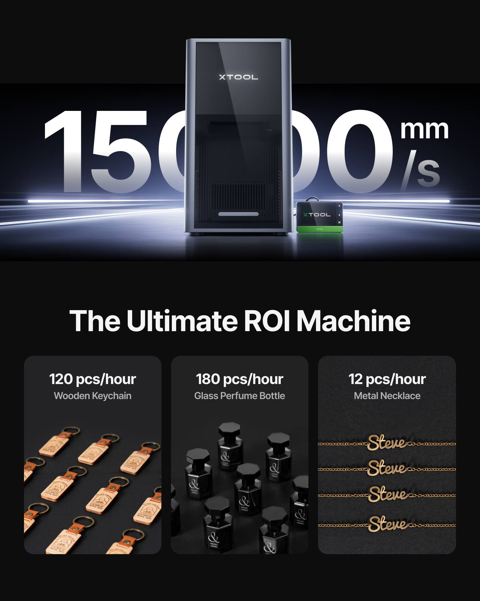 XTOOL mm 15000 /s  
XTOOL The Ultimate ROI Machine  
120 pcs/hour Wooden Keychain  
180 pcs/hour Glass Perfume Bottle  
12 pcs/hour Metal Necklace  
SOMAX AU Steve Steve Steve Steve