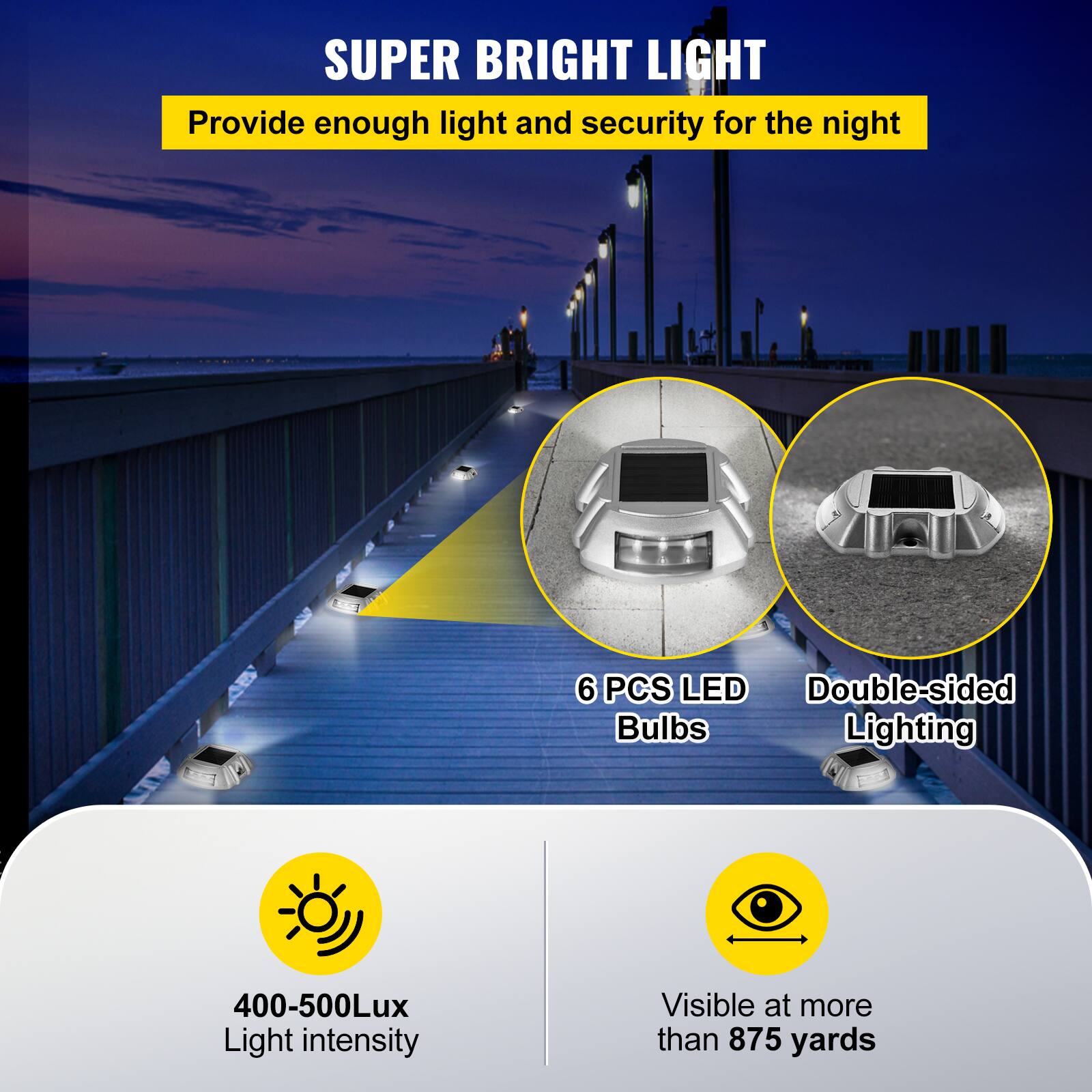 SUPER BRIGHT LIGHT  
Provide enough light and security for the night  

6 PCS LED Bulbs  
Double-sided Lighting  

400-500Lux Light intensity  
Visible at more than 875 yards