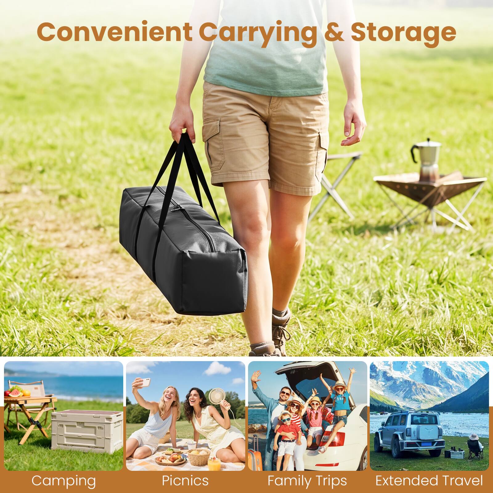 Convenient Carrying & Storage

Camping  
Picnics  
Family Trips  
Extended Travel