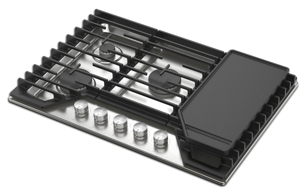 Angle. Whirlpool - 30" Built-In Gas Cooktop with 3 Burners and 2-in-1 Hinged Grate to Griddle - Stainless Steel.