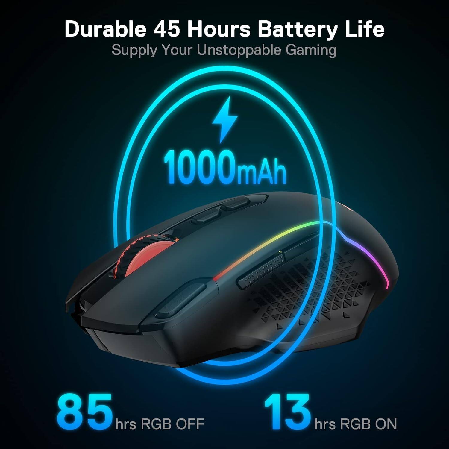 Durable 45 Hours Battery Life Supply Your Unstoppable Gaming

1000mAh

85 hrs RGB OFF

13 hrs RGB ON