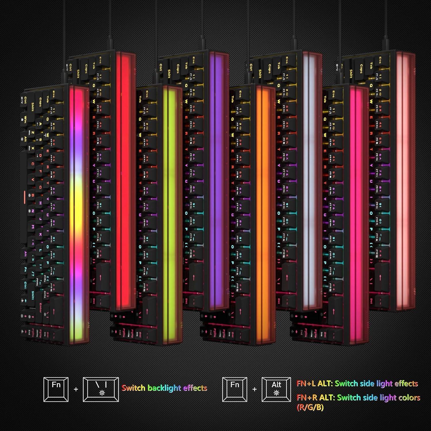 Fn + * Switch backlight effects  
Fn + L ALT: Switch side light effects  
Fn + R ALT: Switch side light colors (R/G/B)