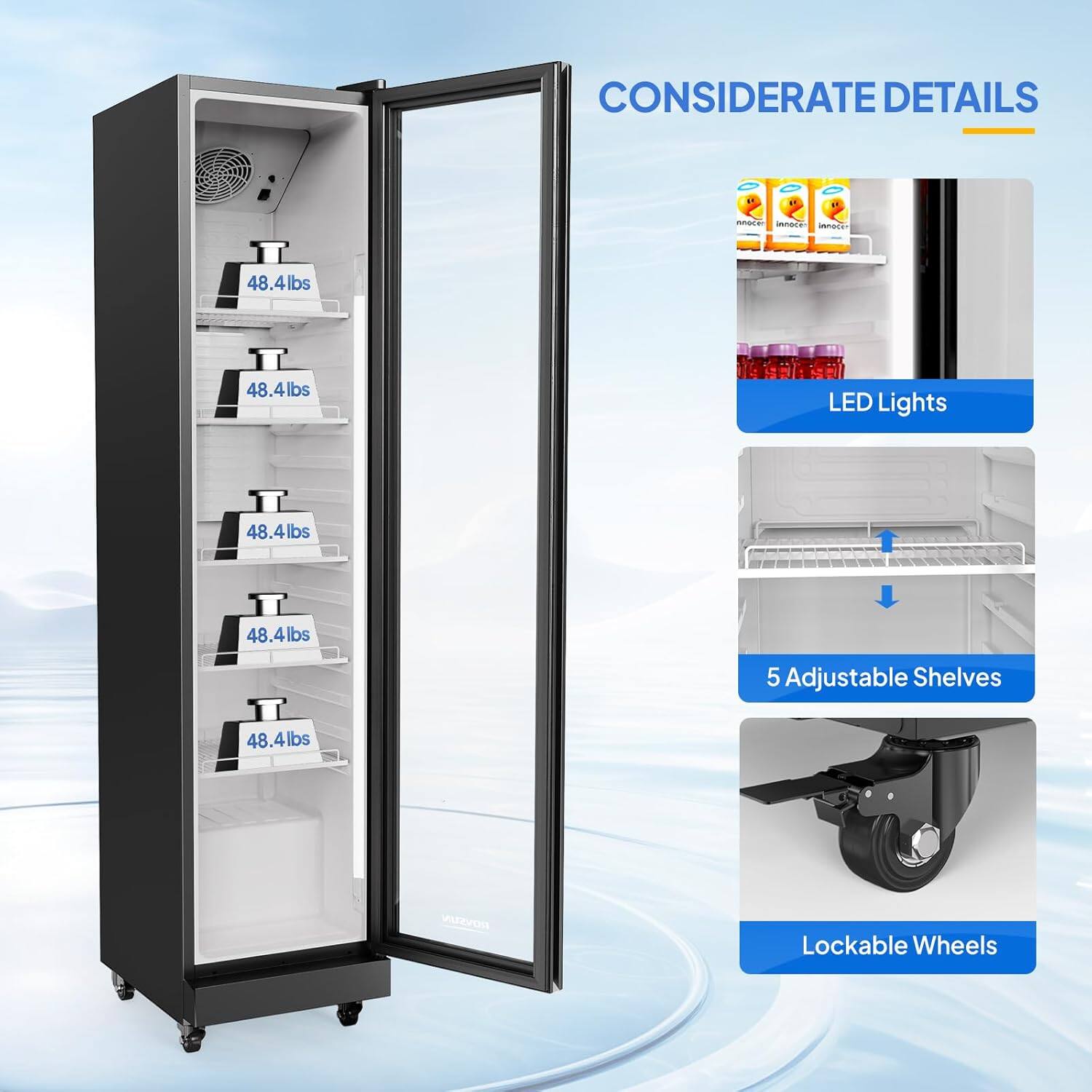 CONSIDERATE DETAILS

- 48.4lbs
- 48.4lbs
- 48.4lbs
- 48.4lbs
- 48.4lbs

LED Lights

5 Adjustable Shelves

Lockable Wheels
