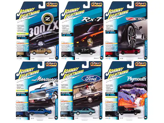 Sure, here is the corrected and grouped text from the image:
---
**Johnny Lightning 300ZX**
- DIE-CAST METAL BODY & CHASSIS
- AUTHENTIC COLORS
- OPENING HOOD
- WITH DETAILED ENGINE
- NEW CASTING!
- LIMITED EDITION 1 of 12480
- FACTS: This is the first release of the 300ZX casting! The 300ZX was a 21st century design, a modern sports car with a sleek body and a powerful engine. This casting is a great representation of the car's design and features.
- Version 1
- Release 2
- 6+
**Johnny Lightning RX-7**
- DIE-CAST METAL BODY & CHASSIS
- AUTHENTIC COLORS
- OPENING HOOD
- WITH DETAILED ENGINE
- NEW CASTING!
- LIMITED EDITION 1 of 12240
- FACTS: This is the first release of the RX-7 casting! The RX-7 was a 21st century design, a modern sports car with a sleek body and a powerful engine. This casting is a great representation of the car's design and