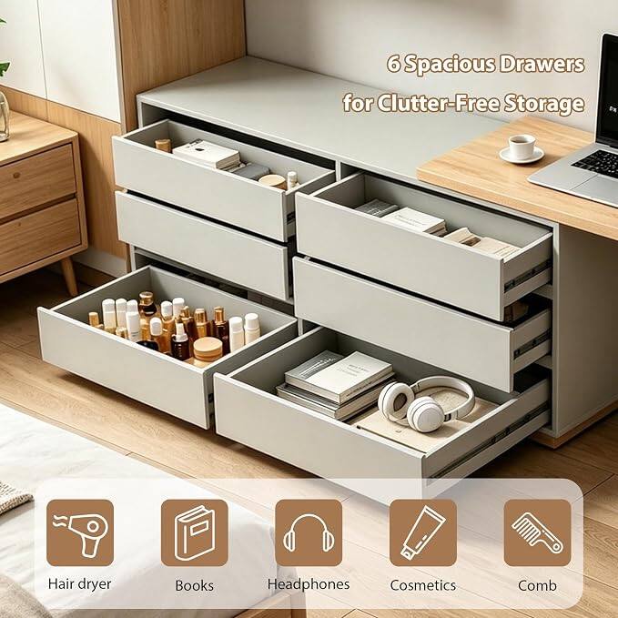 6 Spacious Drawers for Clutter-Free Storage

- Hair dryer
- Books
- Headphones
- Cosmetics
- Comb