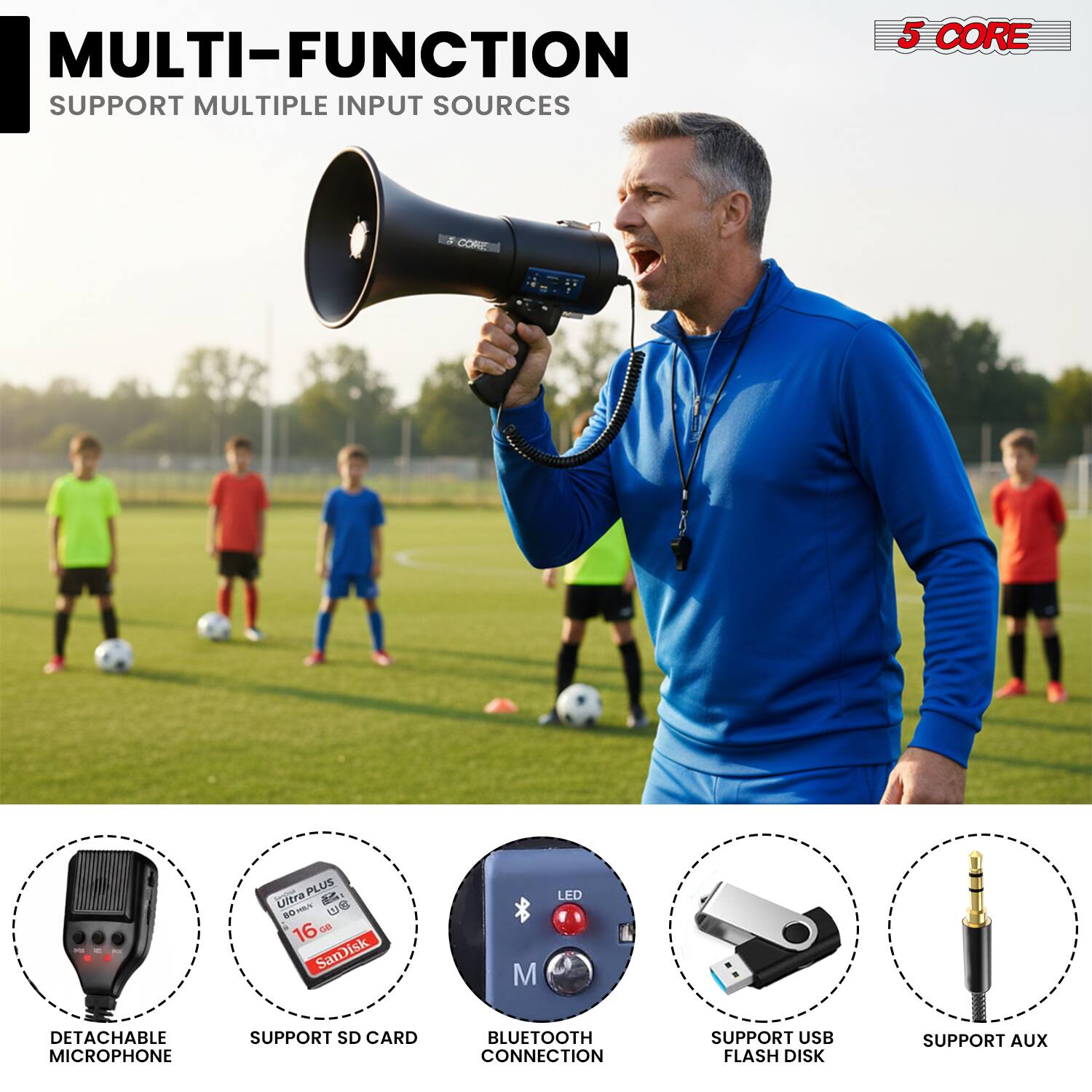 MULTI-FUNCTION SUPPORT MULTIPLE INPUT SOURCES

5 CORE CORE PLUS

- DETACHABLE MICROPHONE
- SUPPORT SD CARD
- BLUETOOTH CONNECTION
- SUPPORT USB FLASH DISK
- SUPPORT AUX