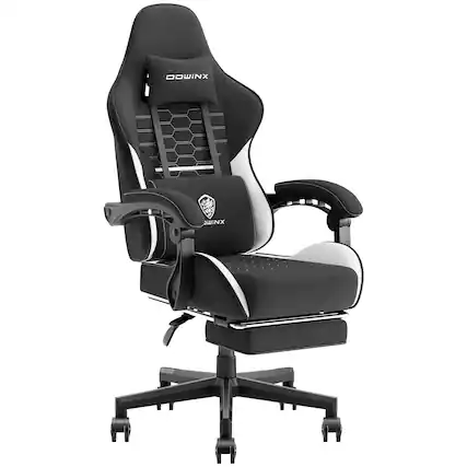 Front. Dowinx - Fabric Gaming Chair with Massage Lumbar Support, Ergonomic Office Chair with Adjustable Headrest and Footrest - Black White.