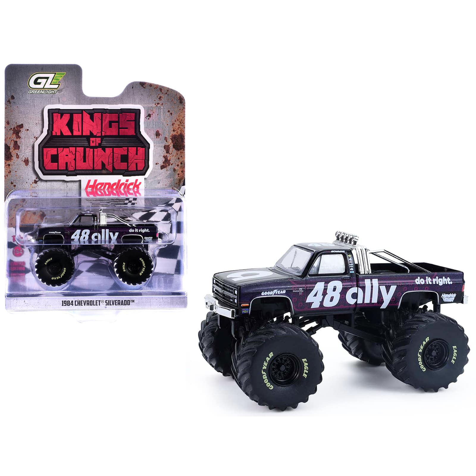 "1984 Chevrolet Silverado Monster Truck #48 ""Ally"" Black and Purple with Graphics 1/64 Diecast Model Car by Greenlight" price history on PriceWatchPro