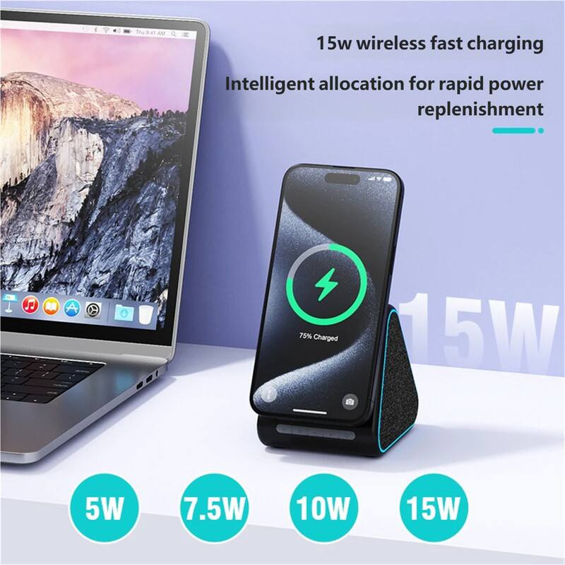 Back. RISOKEYS - 15W Wireless Fast Charger - Magsafe Wireless Charger, Bluetooth Speaker, Phone Stand, Charging Ambient Light - Black.