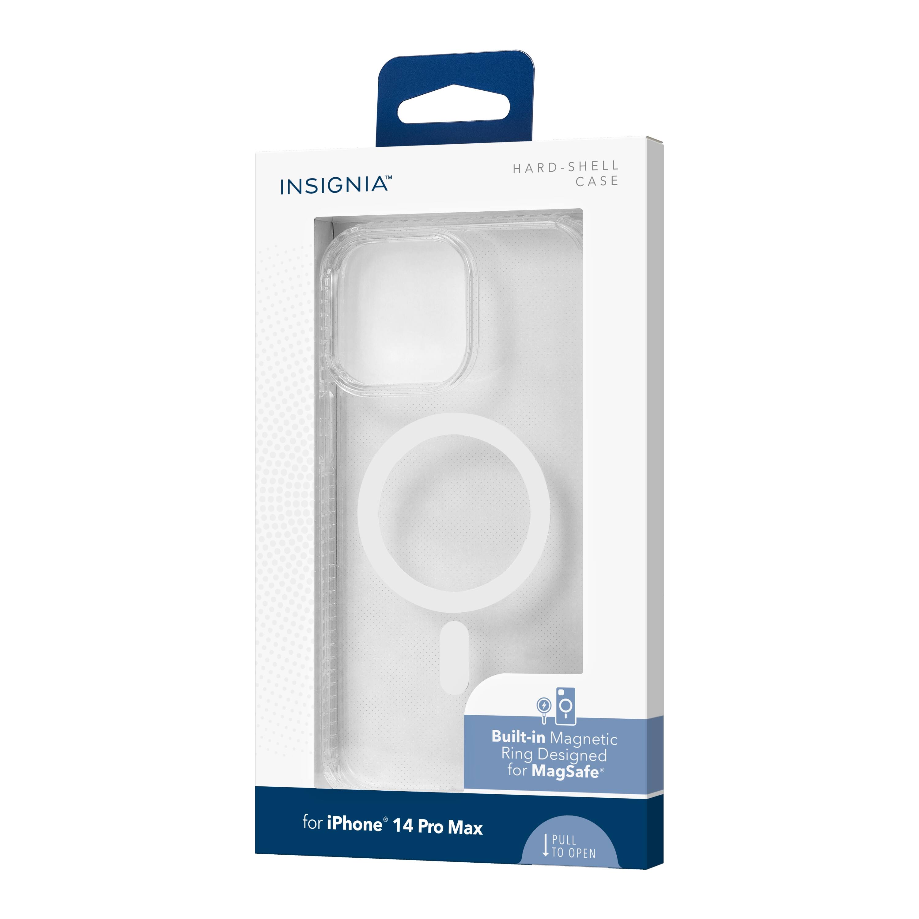 INSIGNIA™  
HARD-SHELL CASE  

Built-in Magnetic Ring Designed for MagSafe  

for iPhone® 14 Pro Max  

PULL TO OPEN