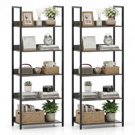 Costway - 2 PCS 5-Tier Bookshelf, Tall Wooden Open Bookcase with Back Panels & Metal Frame - Rustic Gray + Black