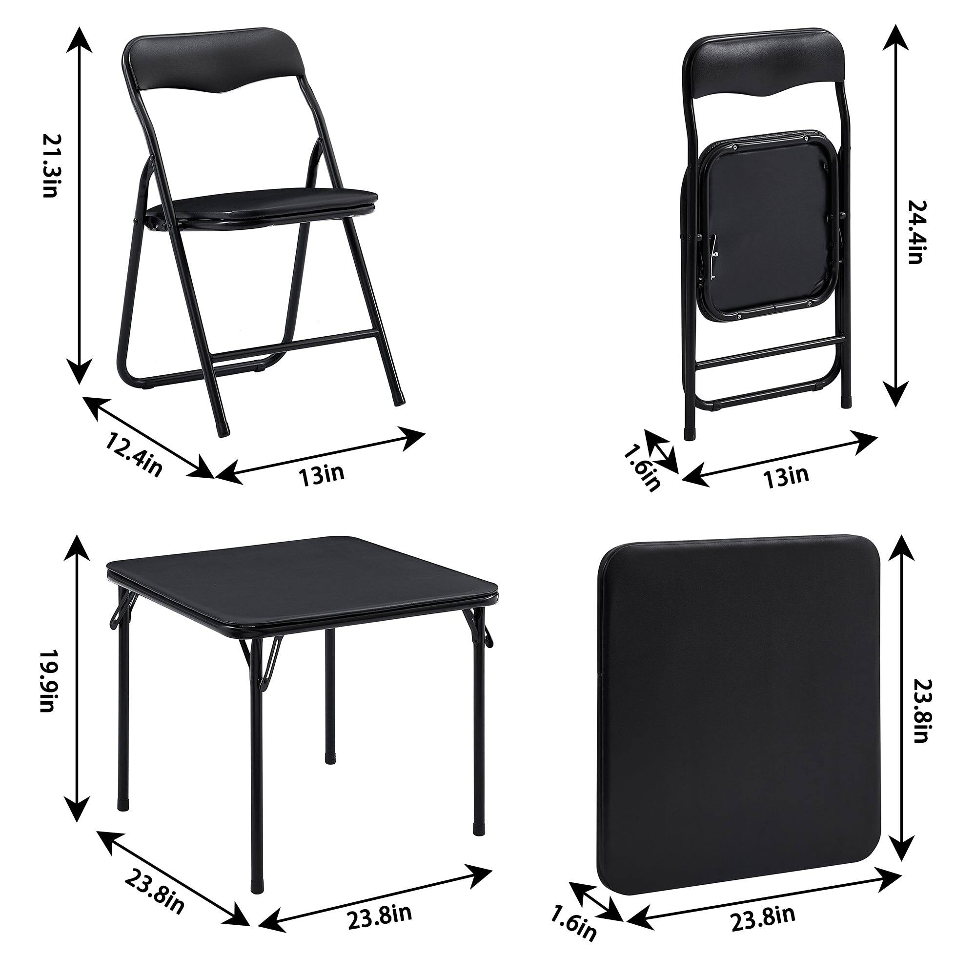 - Chair dimensions:
  - Height: 21.3in
  - Width: 13in
  - Depth: 12.4in
  - Seat height: 1.6in
  - Seat depth: 13in
  - Back height: 24.4in

- Table dimensions:
  - Height: 19.9in
  - Width: 23.8in
  - Depth: 23.8in

- Folded dimensions:
  - Height: 23.8in
  - Width: 23.8in
  - Depth: 1.6in
