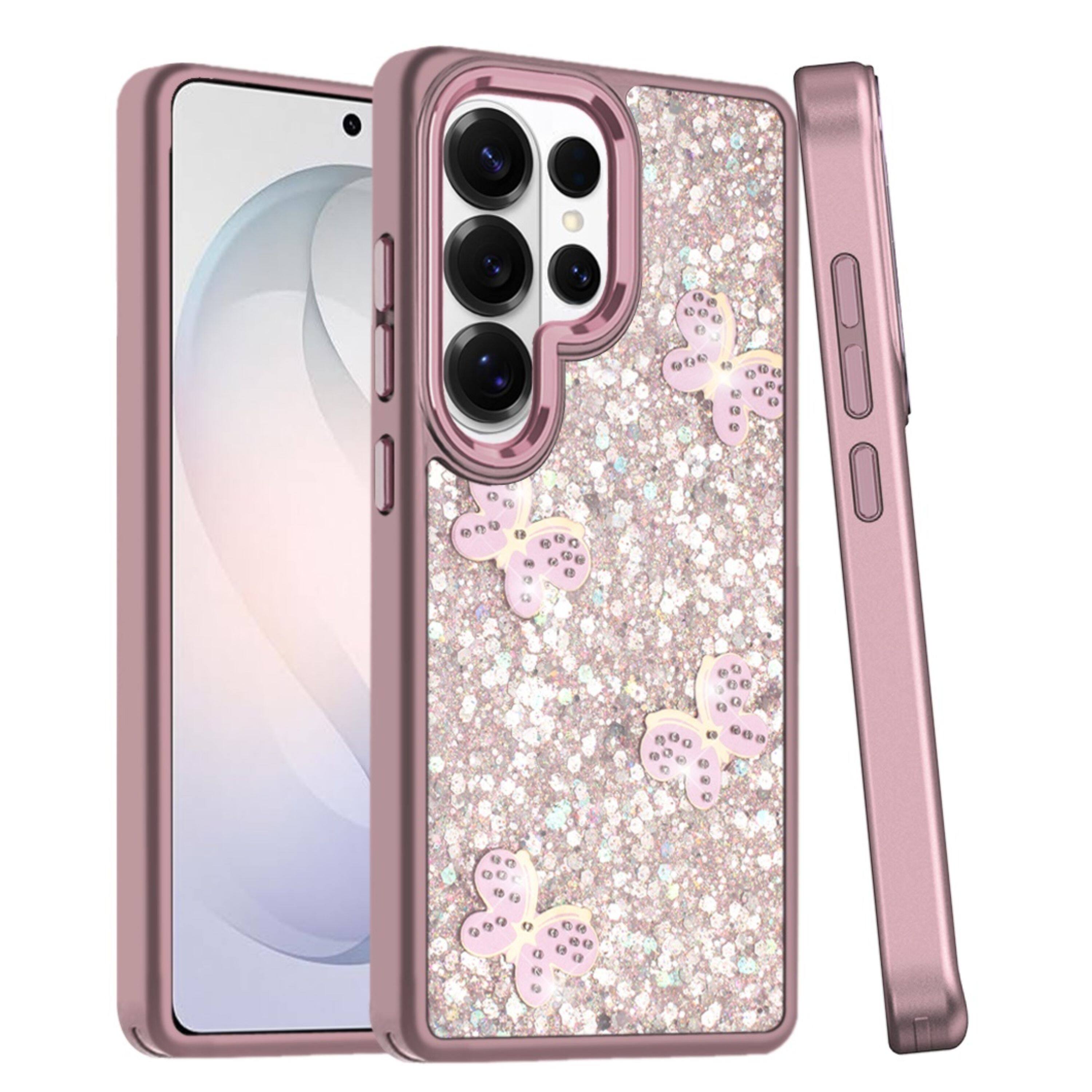 Left. Kitcheniva - Full Glitter Flakes & Butterflies Design Phone Case With Tempered Glass For Samsung S26 Ultra Rose Gold - Rose Gold.