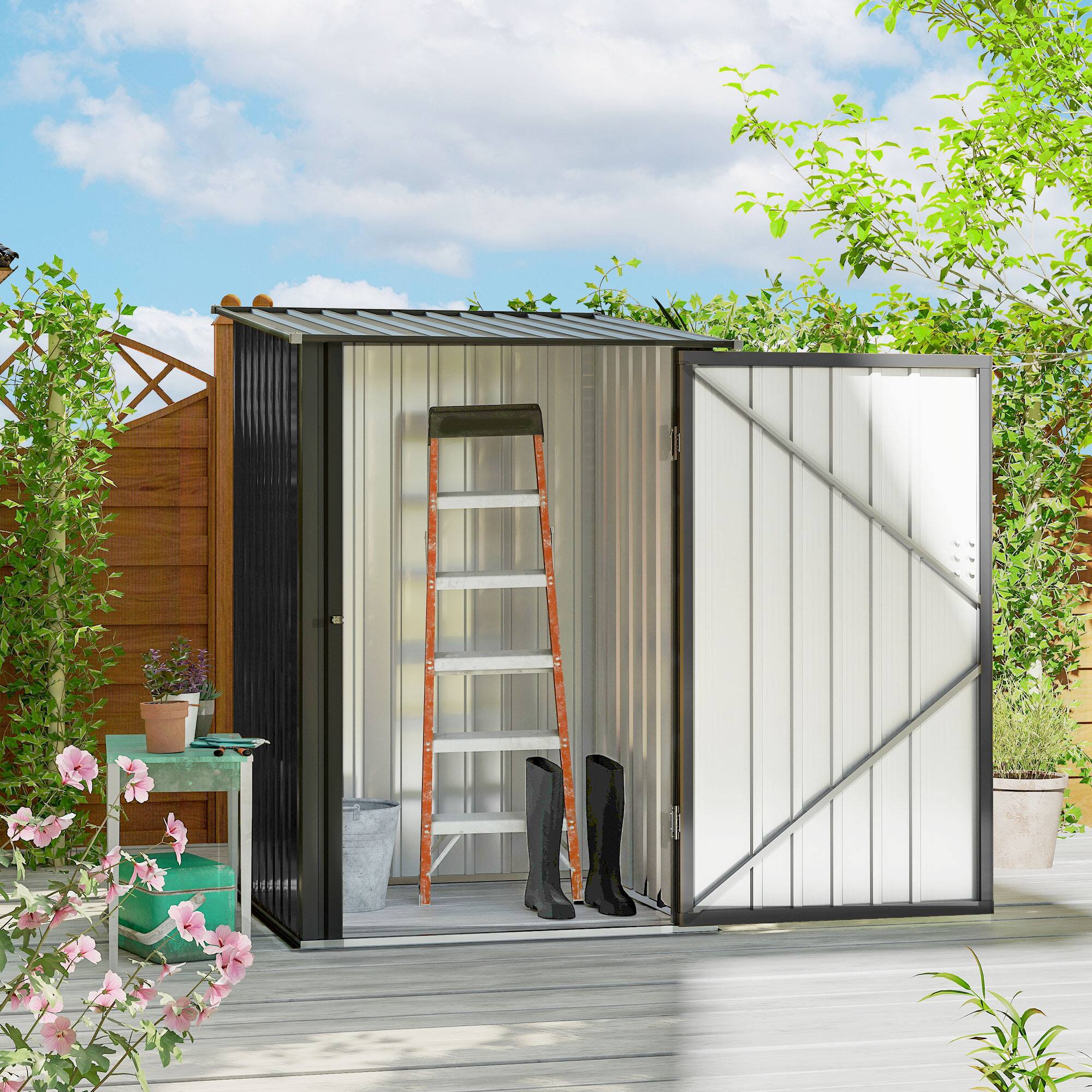 Alt View 1. Outsunny - 3.3' x 3.4' Lean-to Garden Storage Shed, Galvanized Steel Tool House with Lockable Door for Patio - Dark Gray.