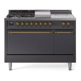 ILVE - Nostalgie II Series 48 in. Dual Fuel Range with 5 Sealed Burners + Griddle (Natural Gas, Brass Trim) - Graphite Matte