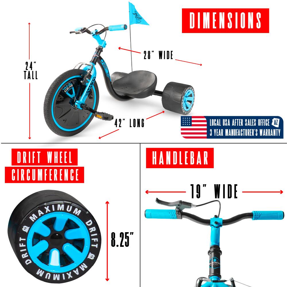 DIMENSIONS  
- 24" TALL  
- 28" WIDE  
- 42" LONG  

DRIFT WHEEL CIRCUMFERENCE  
- 8.25"  

HANDLEBAR  
- 19" WIDE  

LOCAL USA AFTER SALES OFFICE  
3 YEAR MANUFACTURER'S WARRANTY