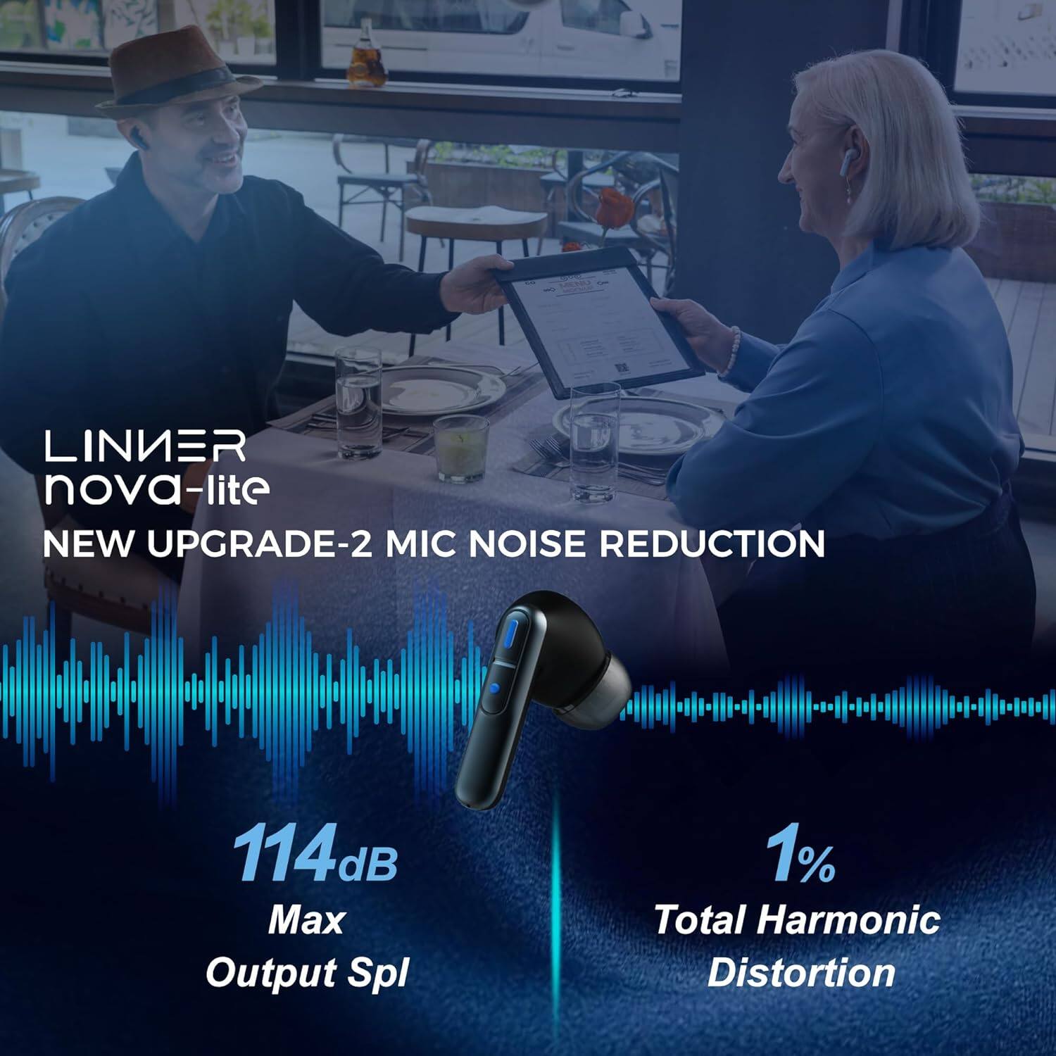 The text on the image is grouped and corrected as follows:

LINKER nova-lite NEW UPGRADE-2 MIC NOISE REDUCTION 114dB Max Output Spl 1% Total Harmonic Distortion