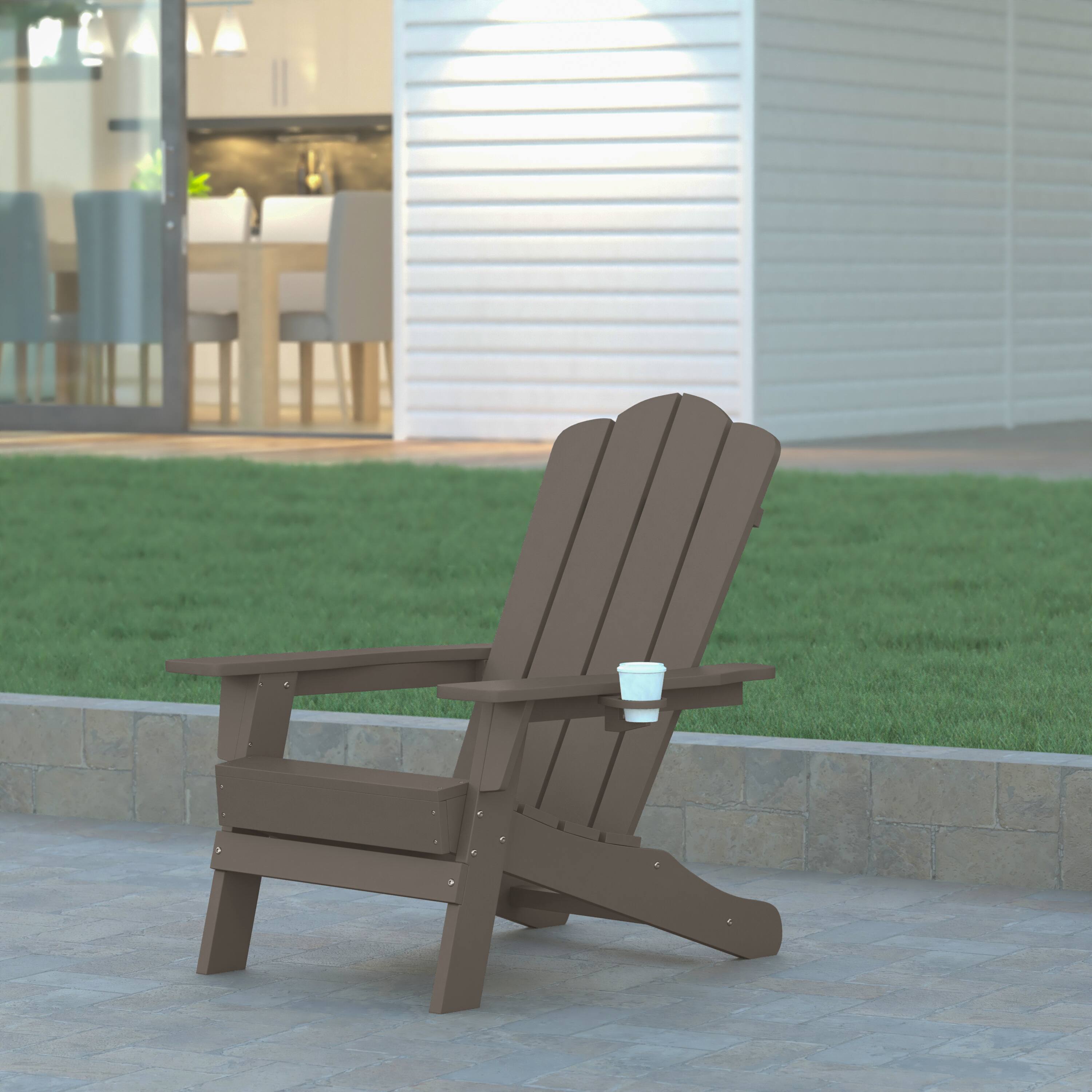 Alt View 1. Emma + Oliver - Tiverton Adirondack Chair with Cup Holder, Weather Resistant HDPE Adirondack Chair - Brown.