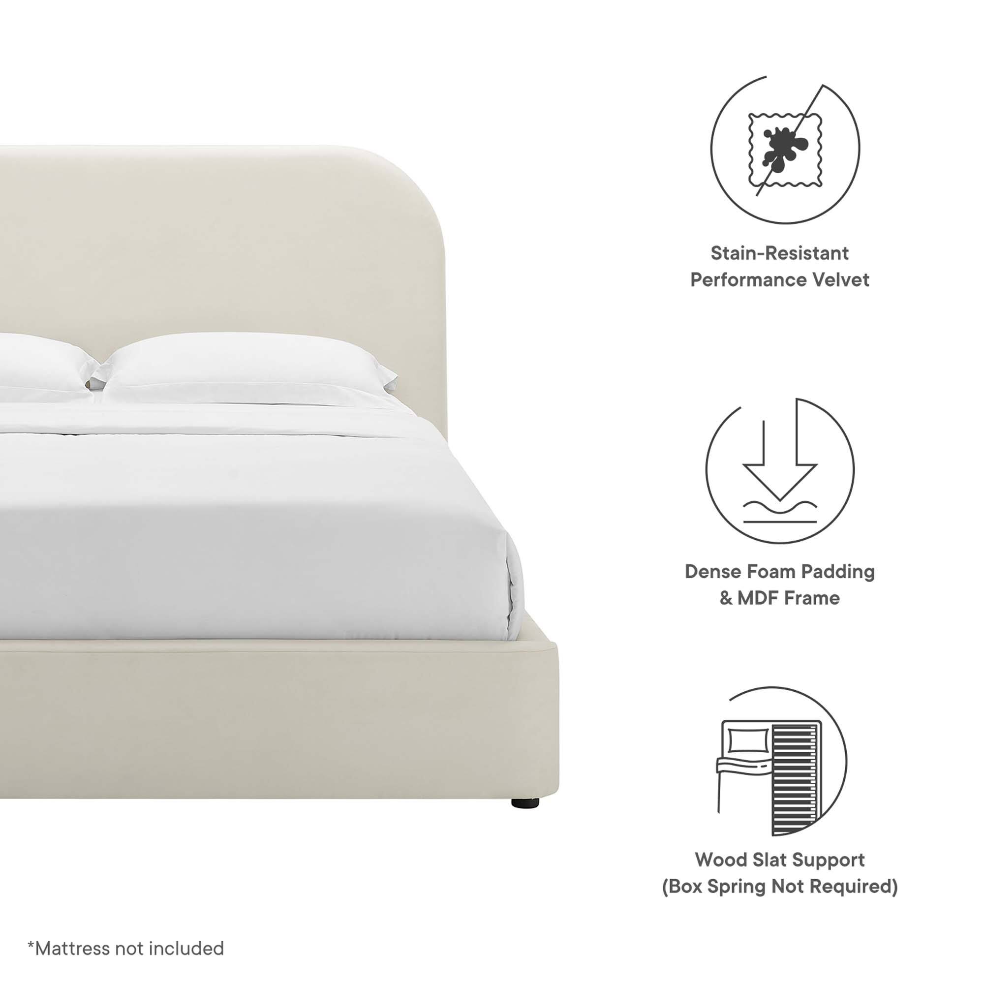 - Stain-Resistant Performance Velvet
- Dense Foam Padding & MDF Frame
- Wood Slat Support (Box Spring Not Required)
- *Mattress not included