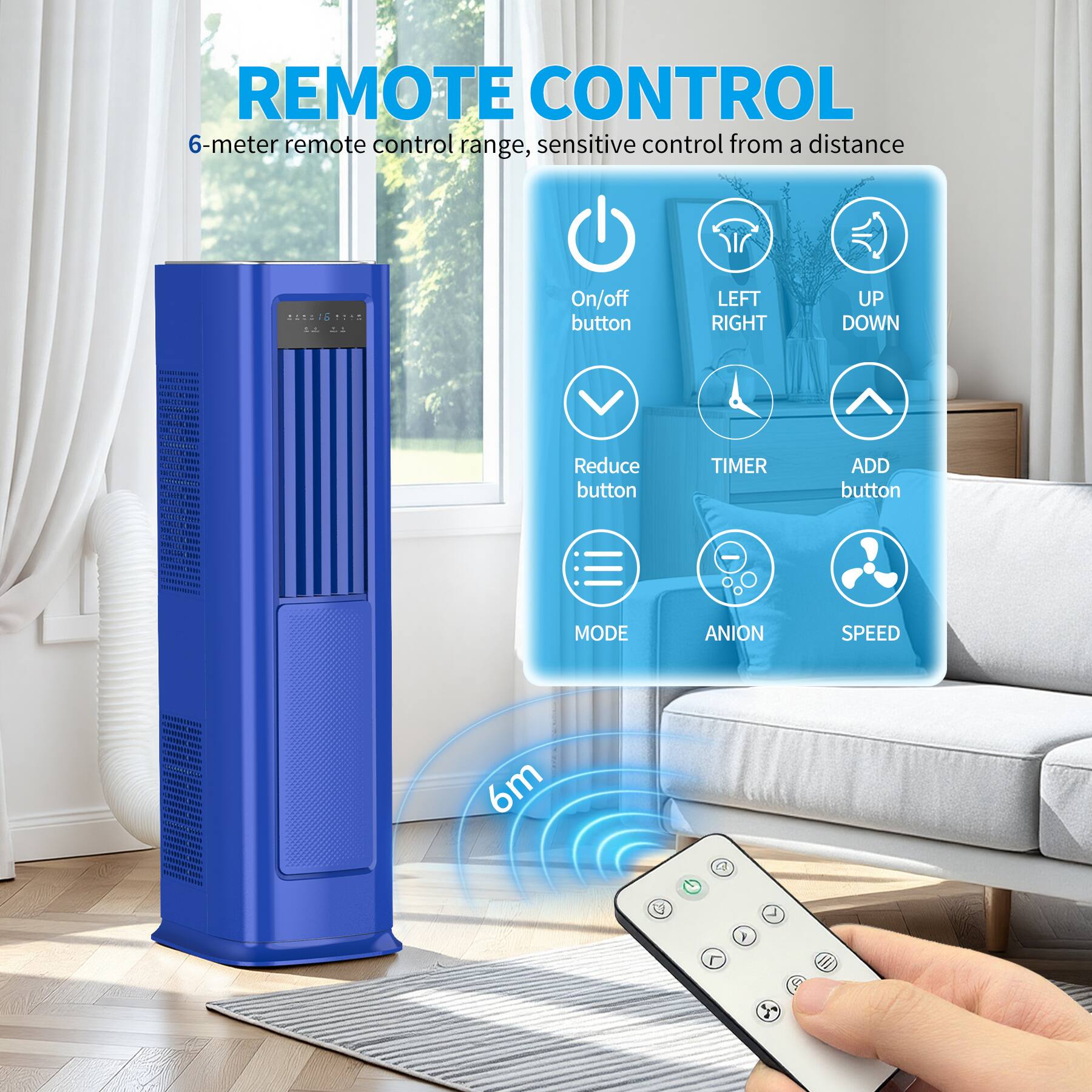 REMOTE CONTROL  
6-meter remote control range, sensitive control from a distance  

On/off button  
LEFT RIGHT UP DOWN  
Reduce button  
TIMER ADD button  
MODE ANION SPEED