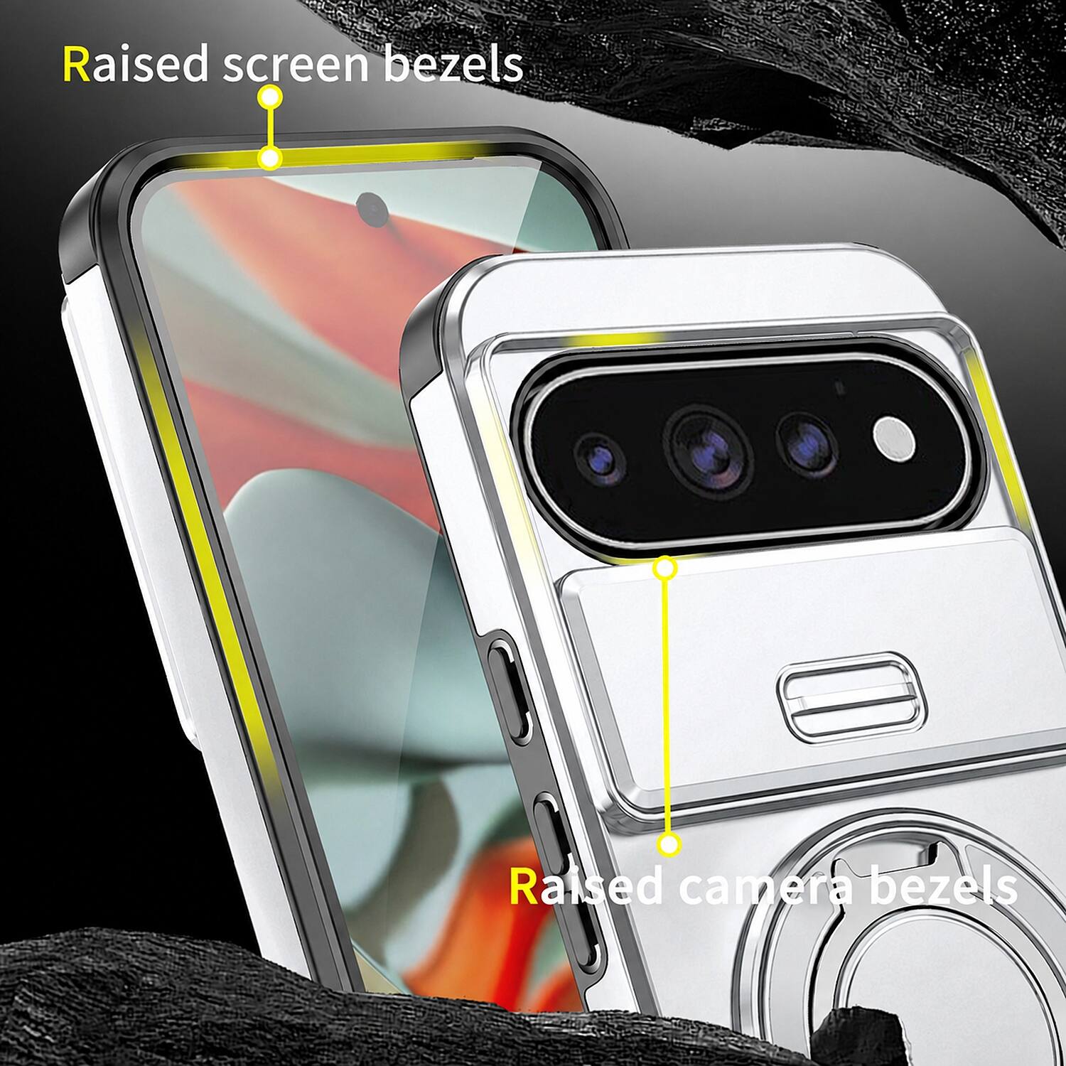 Raised screen bezels  
Raised camera bezels