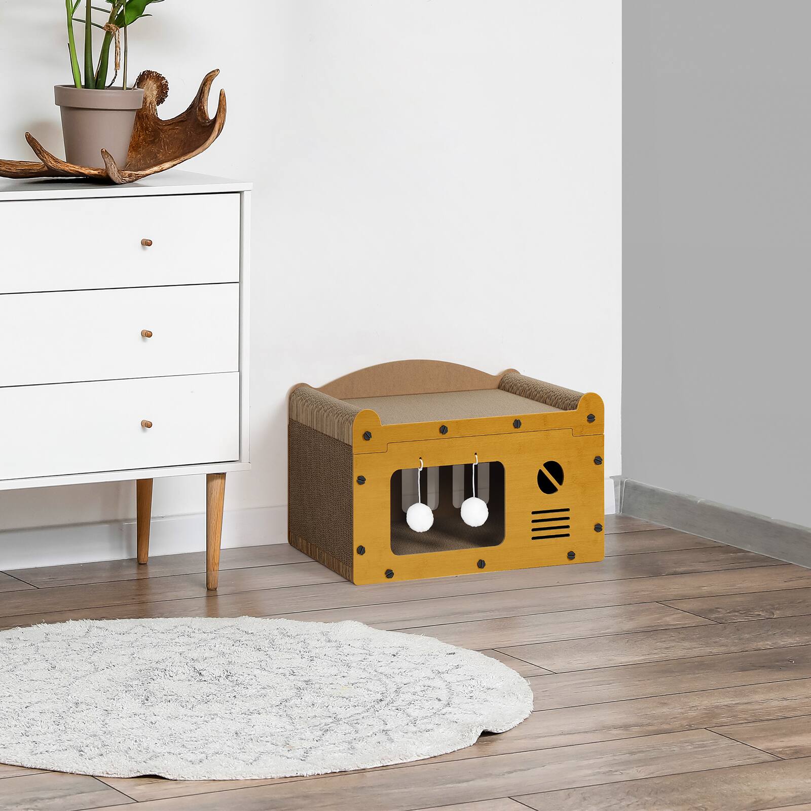 Alt View 2. Oumilen - Cat House with Scratcher Pad | 2-in-1 Corrugated Cardboard Cat Cave with Pom Pom Toys, Indoor Cat Bed.