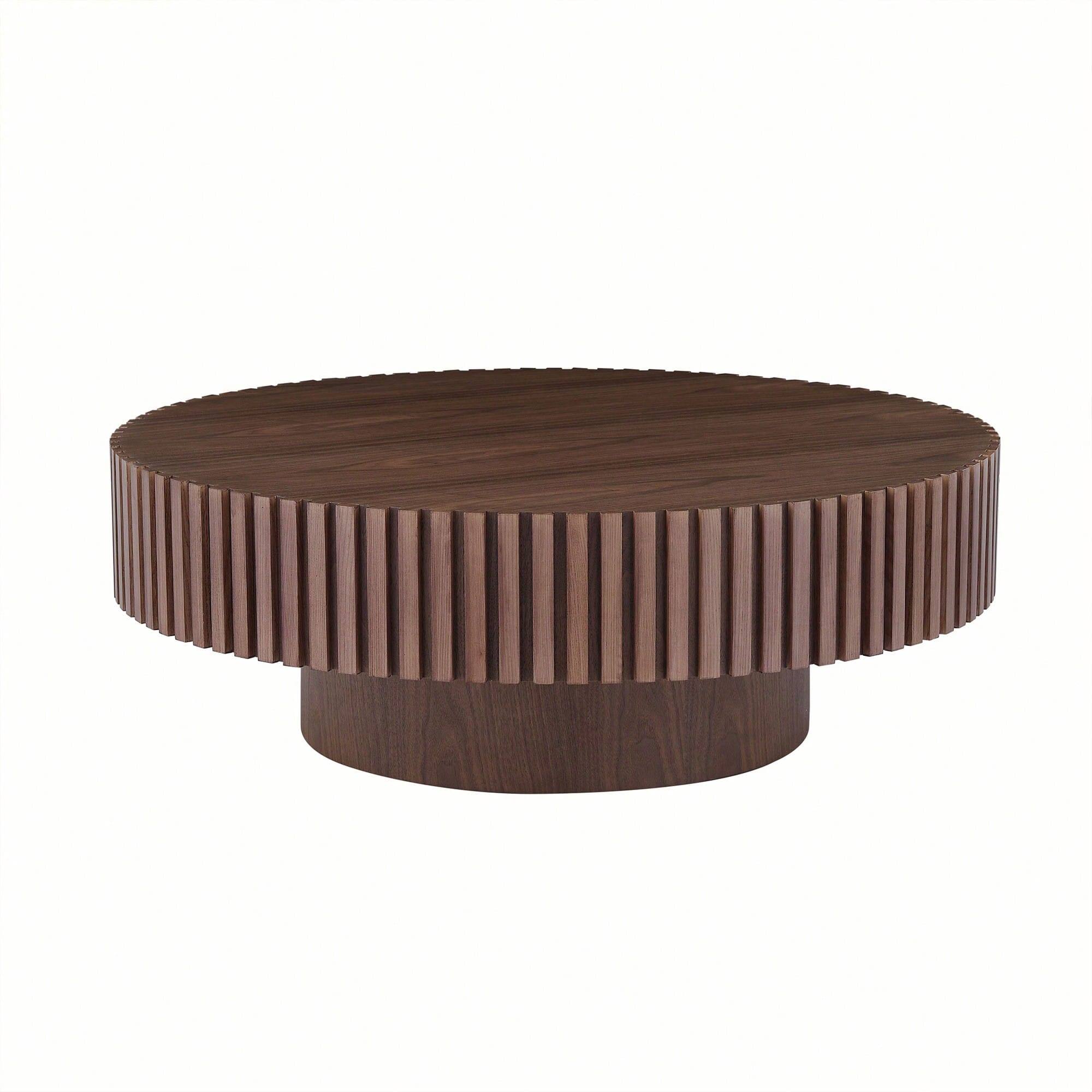 Alt View 2. Trinkets Crazed - 31.49" Round Coffee Table Wood, Circle Coffee Table,Drum Fluted Coffee Accent End Side Center Table - Walnut.