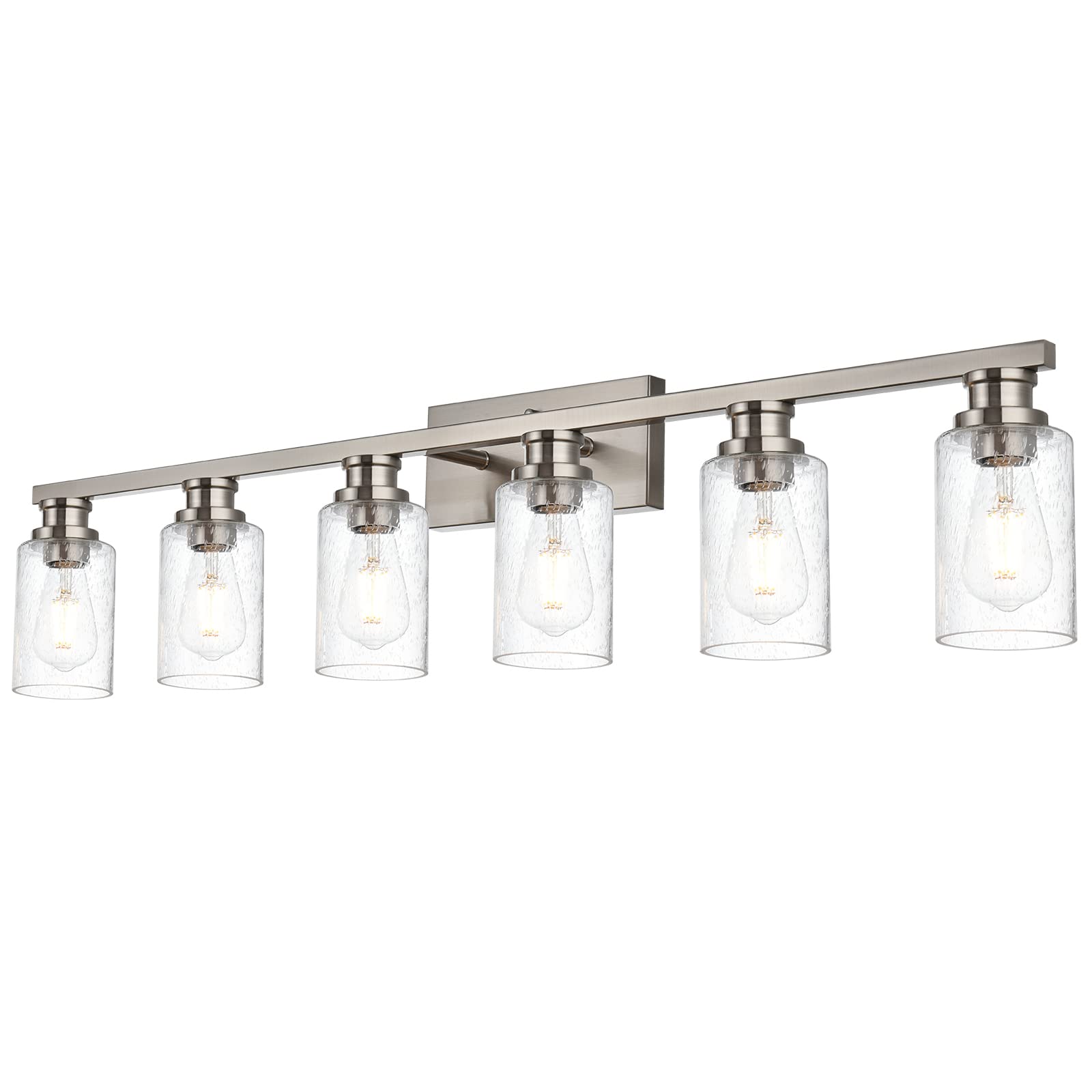Front. TECH SAFARI - Light Vanity In Finish With Seedy Glass Farmhouse Bathroom Lighting Fixture Industrial Metal Wall Mount Lig - Brushed Nickel 6 Light.