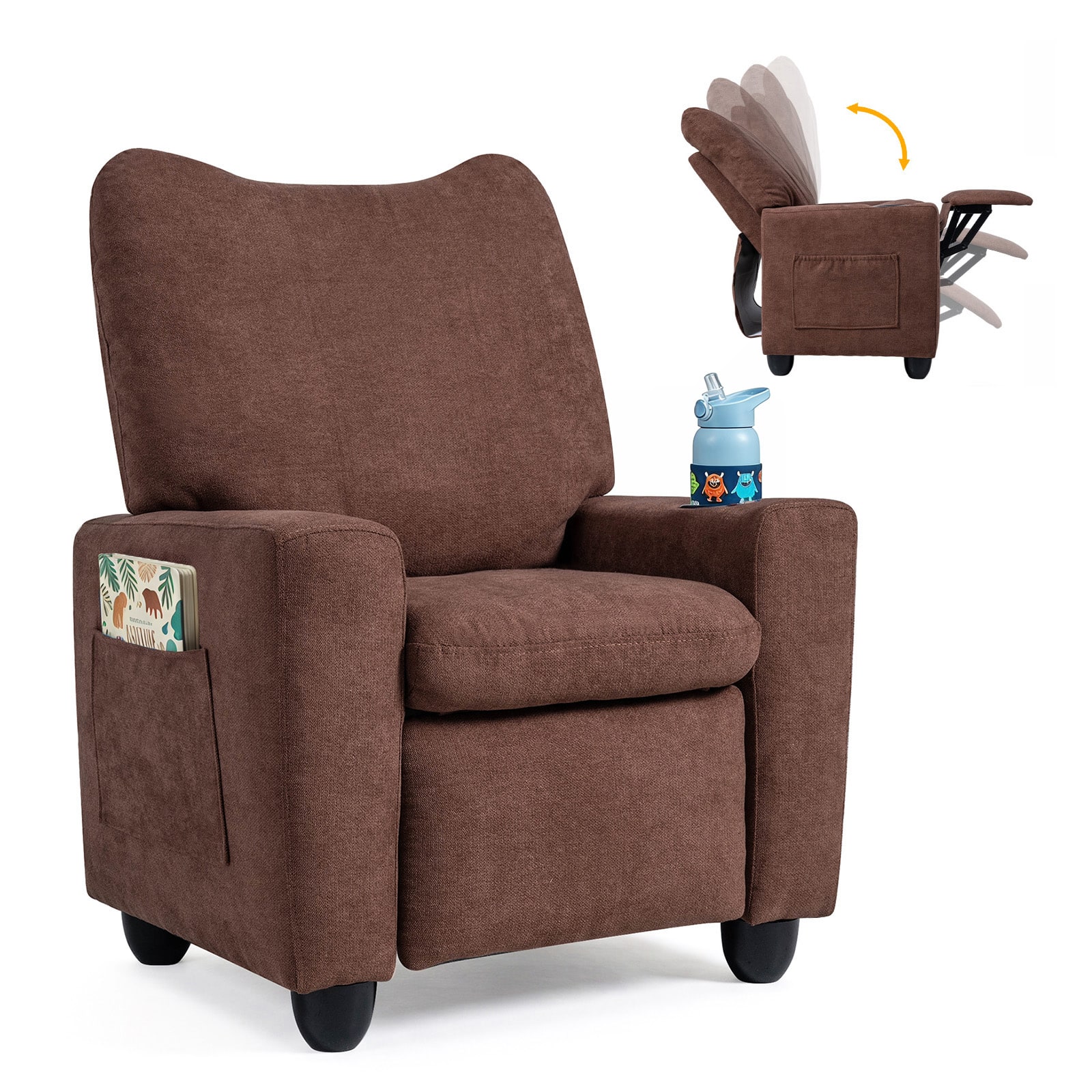 Costway - Kids Recliner with Adjustable Backrest Footrest Cup Holder Side Pockets for Ages 3+ - Brown