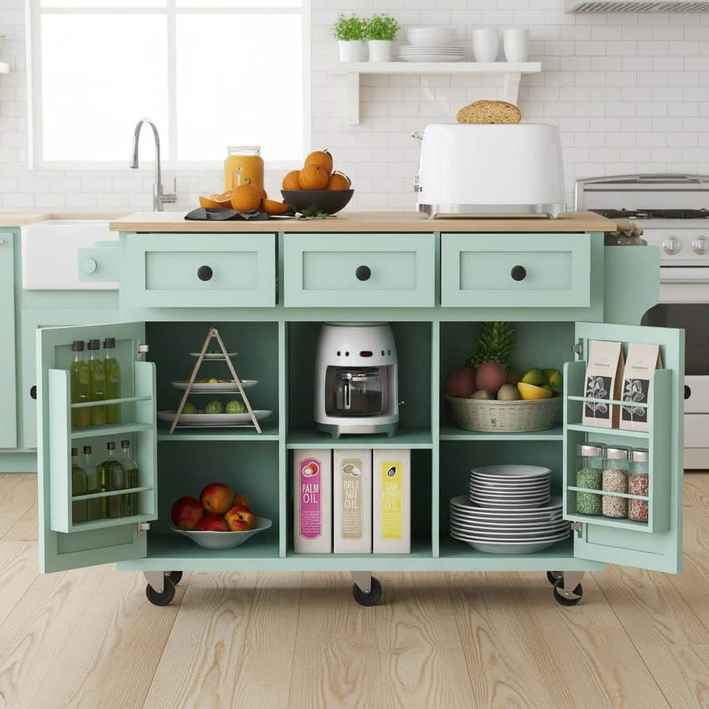Forest'nSky - Kitchen Cart with Rubber Wood Drop-Leaf Countertop – 5 Wheels,3 Drawers & Internal Door Racks - Mint Green
