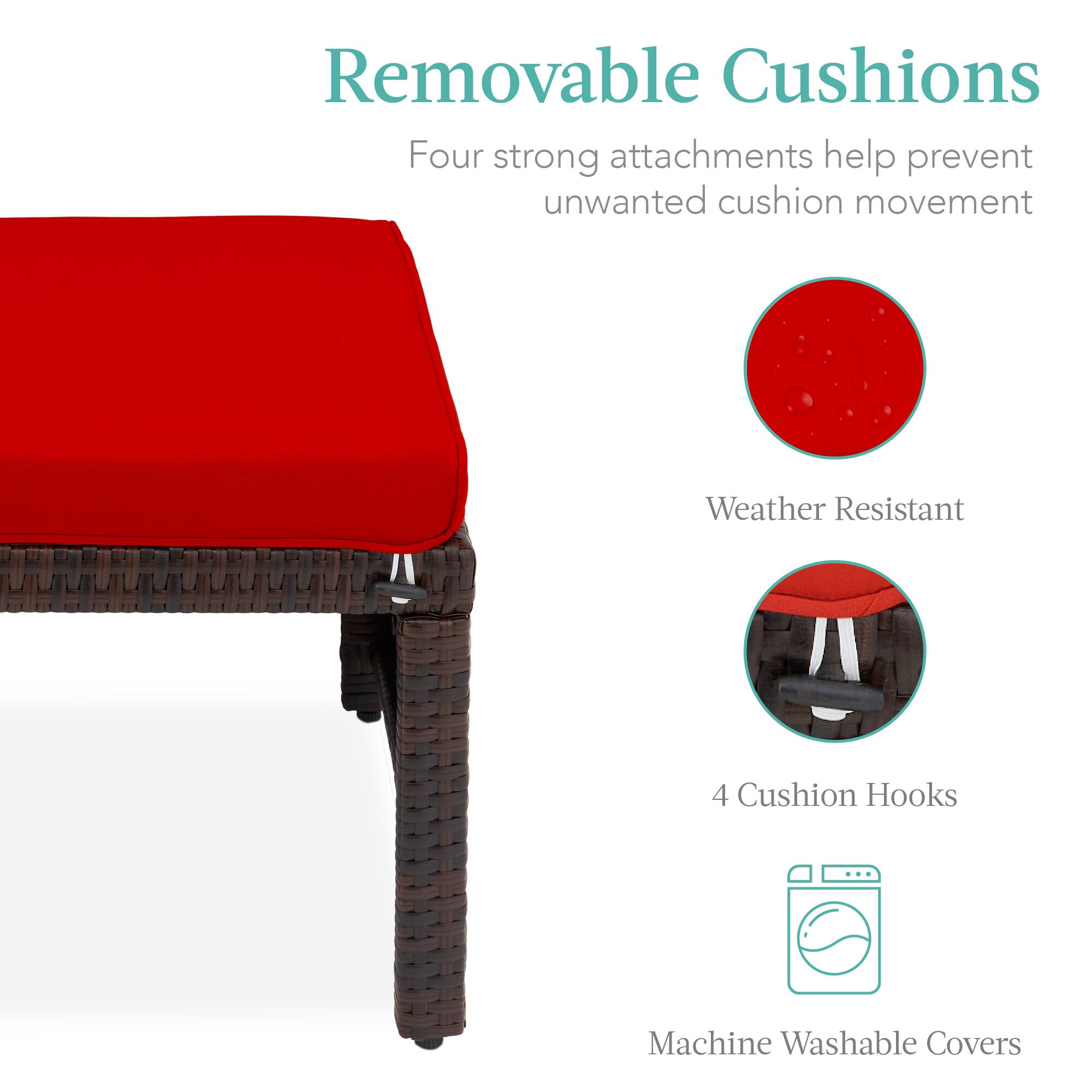 Removable Cushions  
Four strong attachments help prevent unwanted cushion movement  

Weather Resistant  

4 Cushion Hooks  

Machine Washable Covers