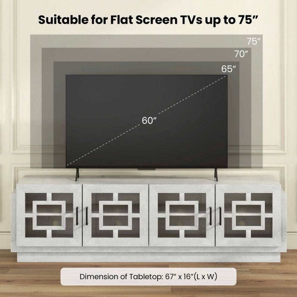 Suitable for Flat Screen TVs up to 75"  
75" 70" 65" 60"  
Dimension of Tabletop: 67" x 16" (L x W)