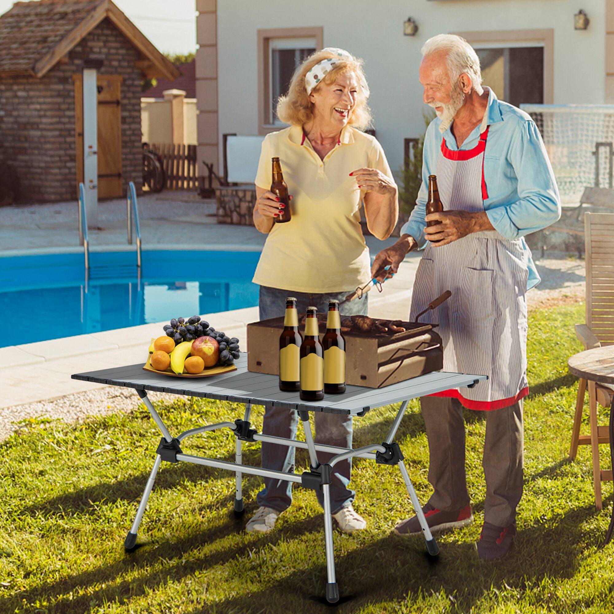 Angle. Costway - Heavy-Duty Aluminum Camping Table, Folding Outdoor Picnic Table with Carrying Bag Silver - Silver.