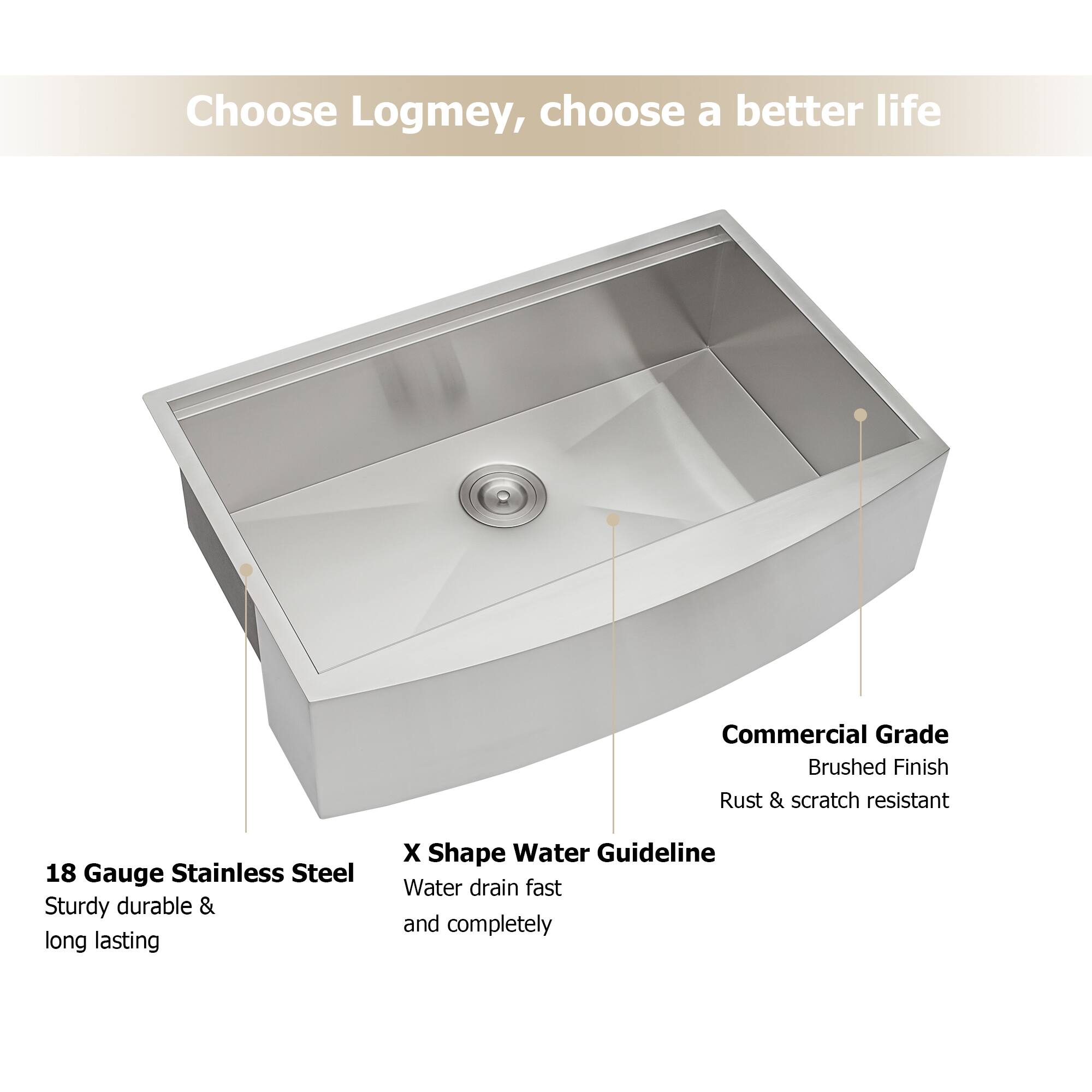 Choose Logmey, choose a better life

18 Gauge Stainless Steel  
Sturdy durable & long lasting

X Shape Water Guideline  
Water drain fast and completely

Commercial Grade  
Brushed Finish  
Rust & scratch resistant