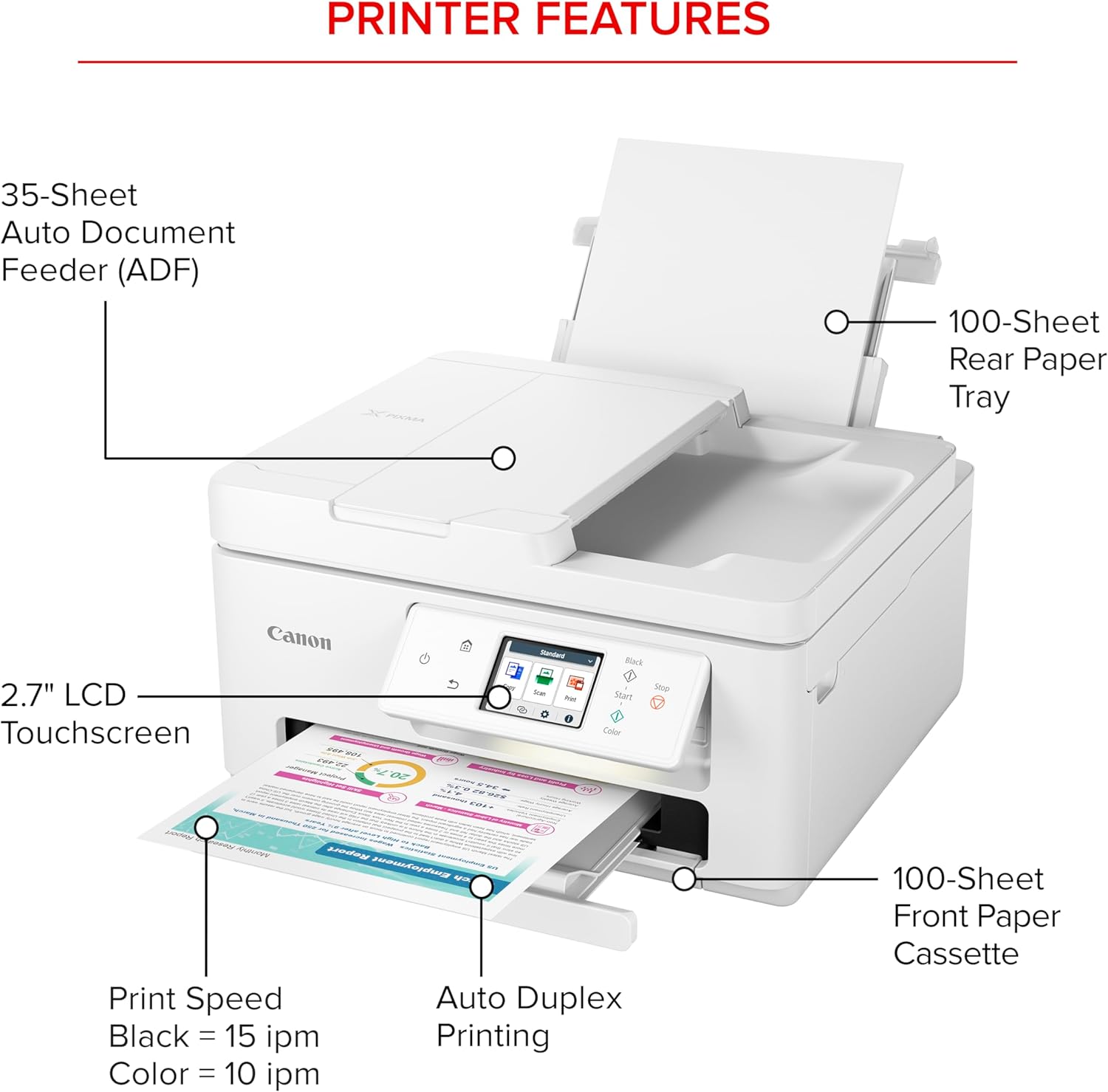 PRINTER FEATURES

- 35-Sheet Auto Document Feeder (ADF)
- 100-Sheet Rear Paper Tray
- Canon 2.7" LCD Touchscreen
- Print Speed: Black = 15 ipm, Color = 10 ipm
- Auto Duplex Printing
- 100-Sheet Front Paper Cassette